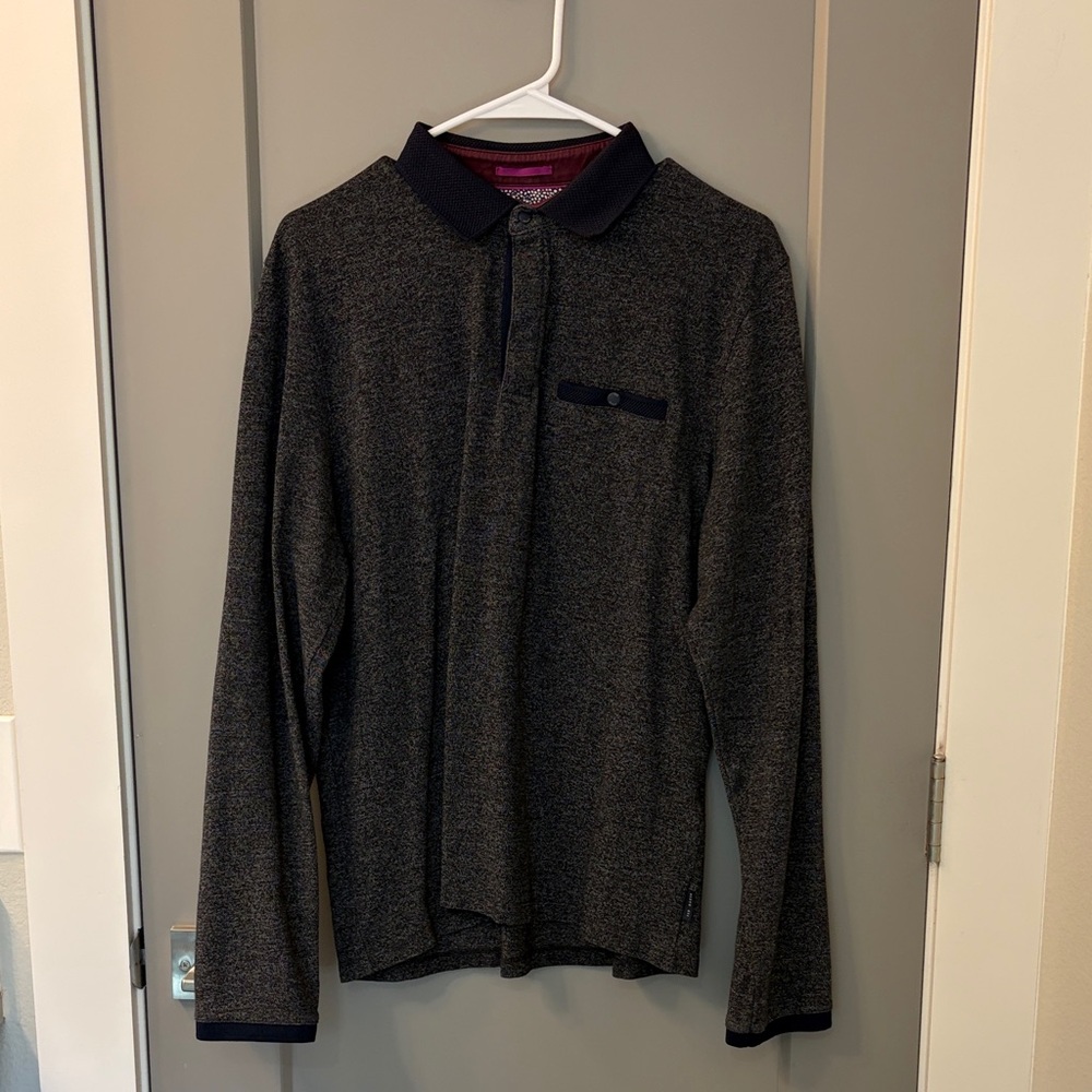 Ted Baker Men's Dark Heather Gray Long-Sleeve Polo with Contrast Collar